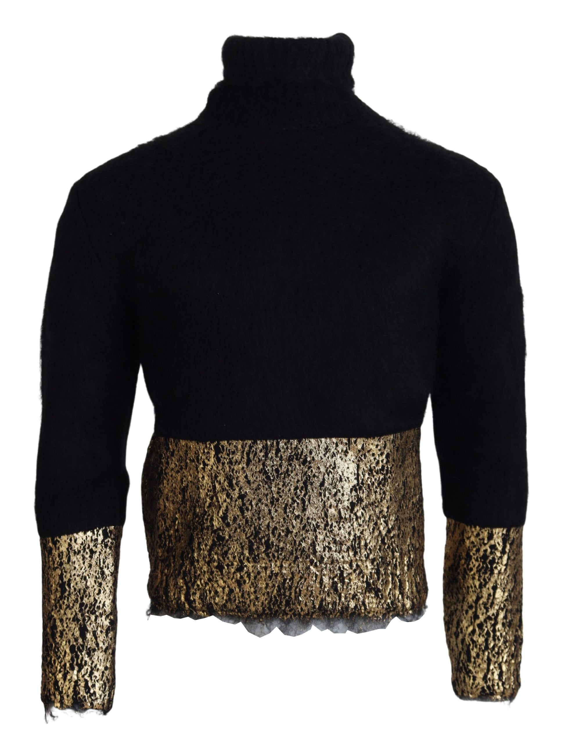 Black turtleneck sweater with gold sequin trim on sleeves