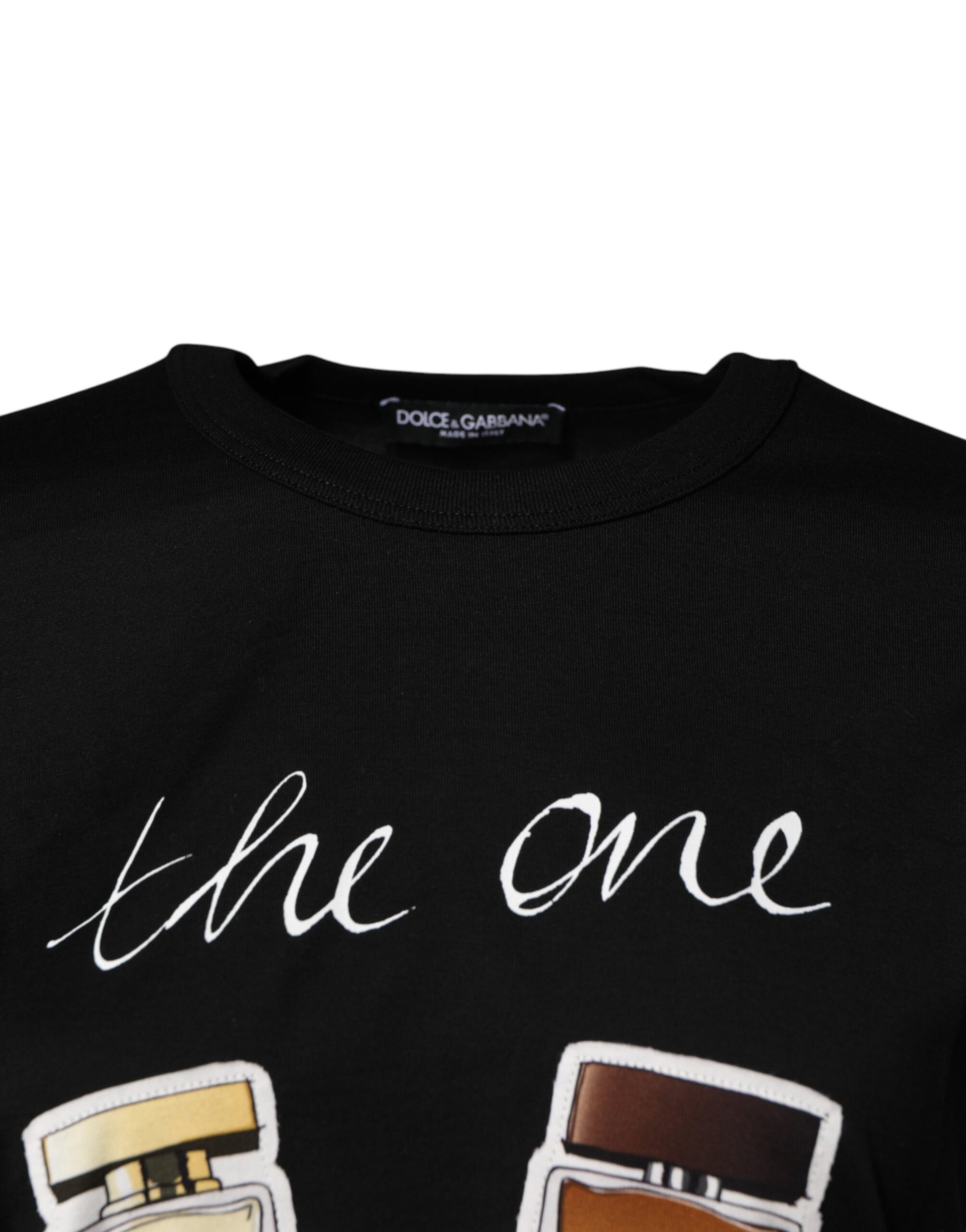 Black t-shirt with white lettering and graphic design