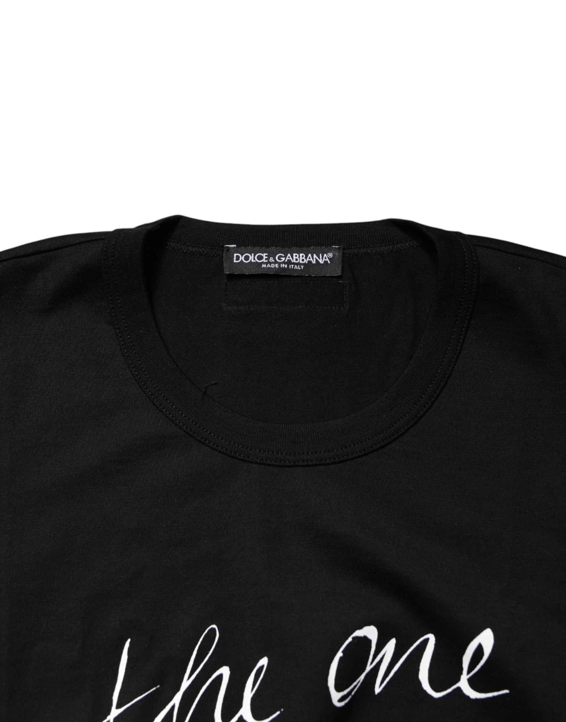 Black t-shirt with white lettering on front