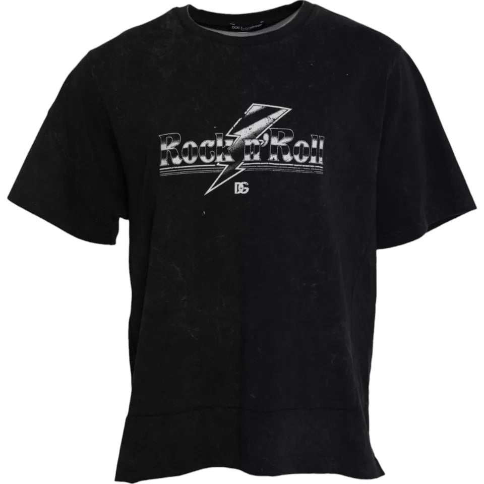 Black t-shirt with white lettering and logo