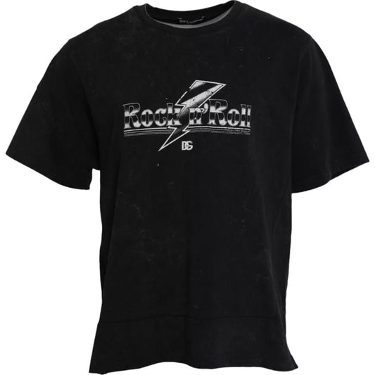 Black t-shirt with white lettering and logo