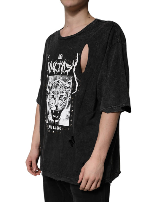 Black t-shirt with graphic design on front