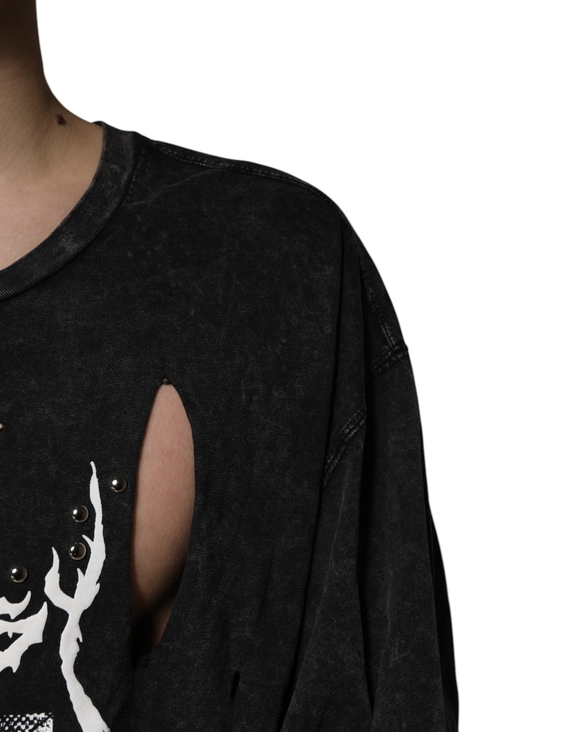 Black long sleeve shirt with a graphic design on front
