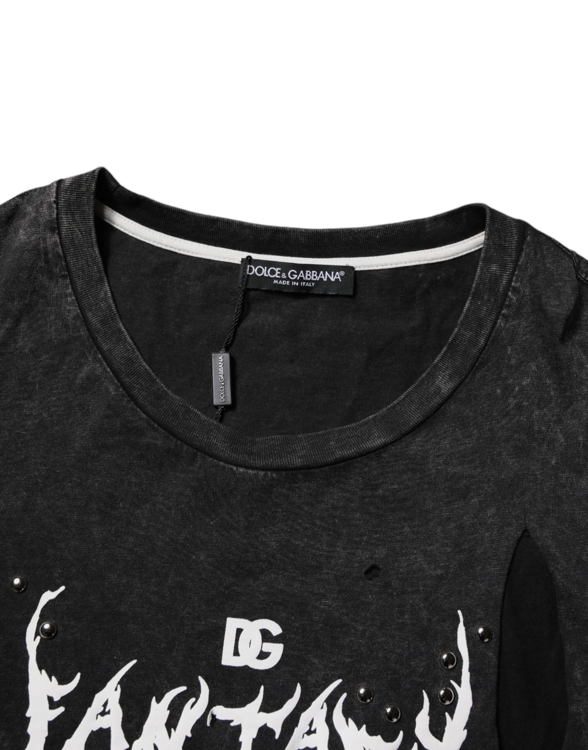 Black t-shirt with white lettering and design on front