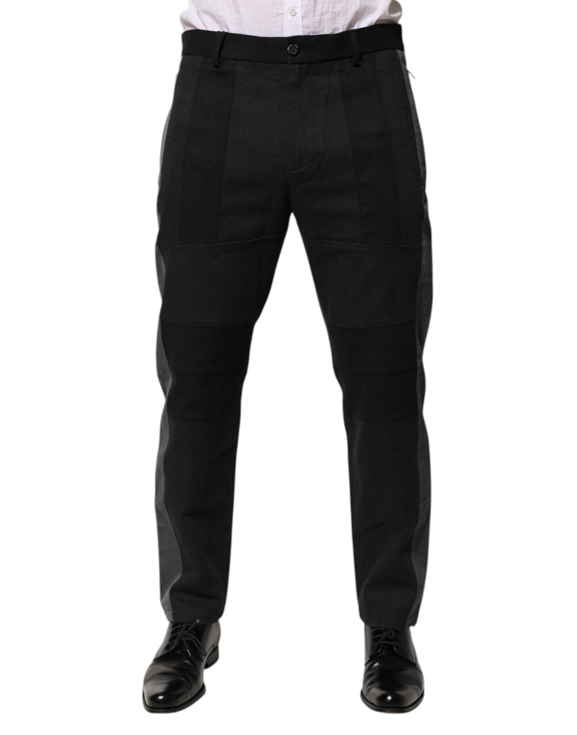 Men's black dress pants with gray accents, made of cotton, featuring a formal design