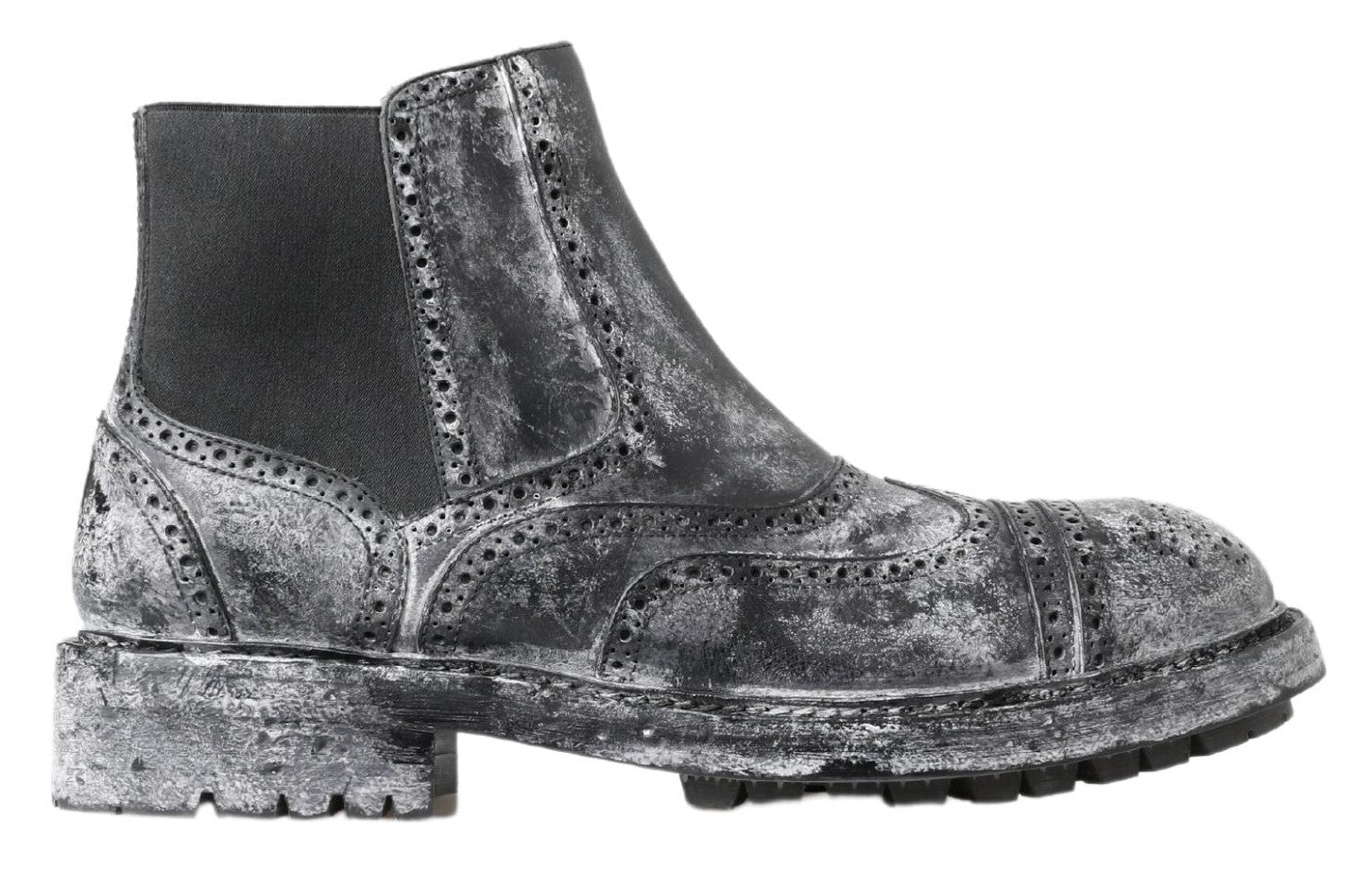 Black suede boot with silver glittery pattern and chunky heel