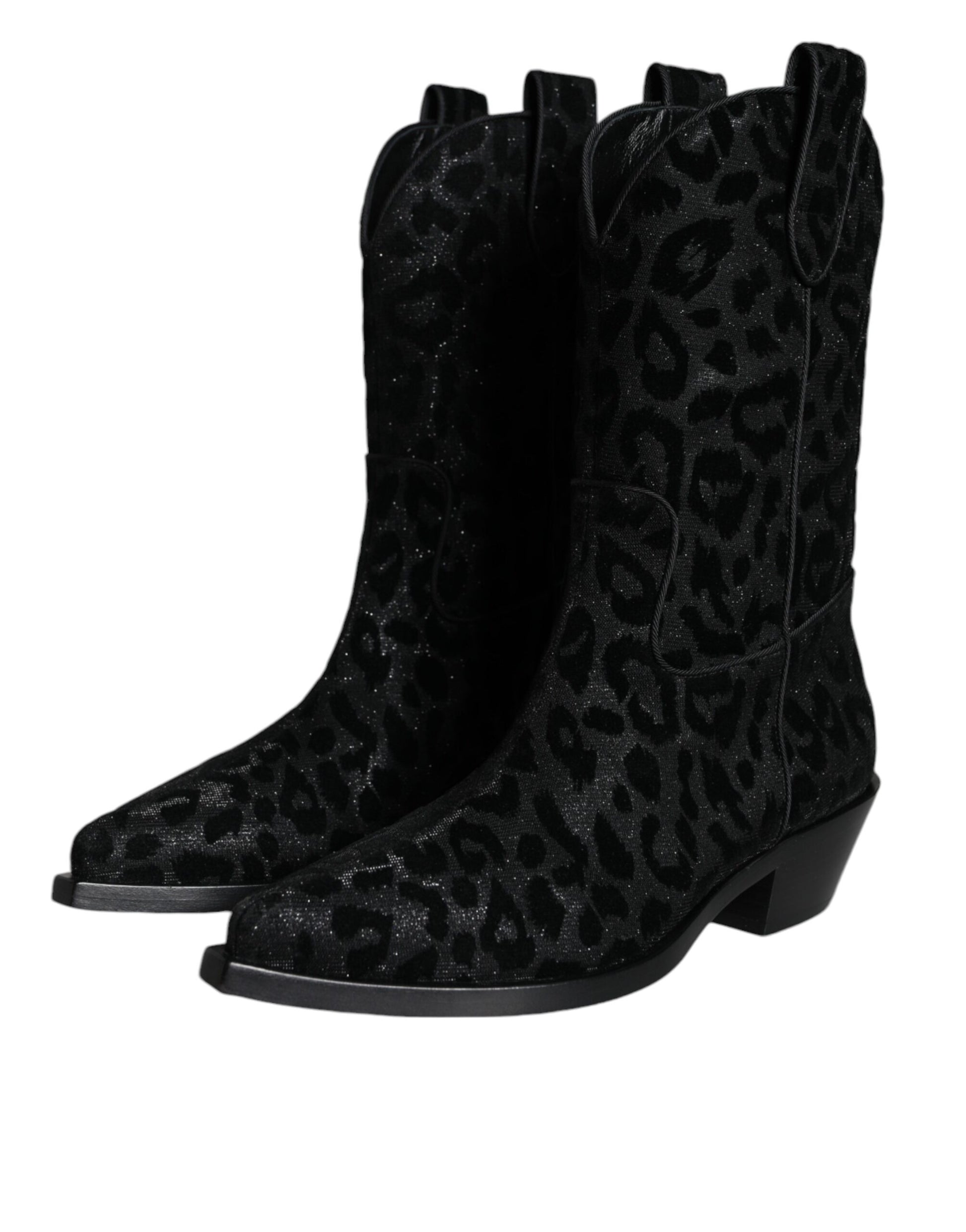 Black glittery leopard print boot with a high heel