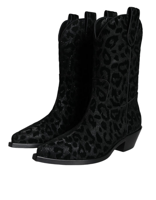 Black glittery leopard print boot with a high heel