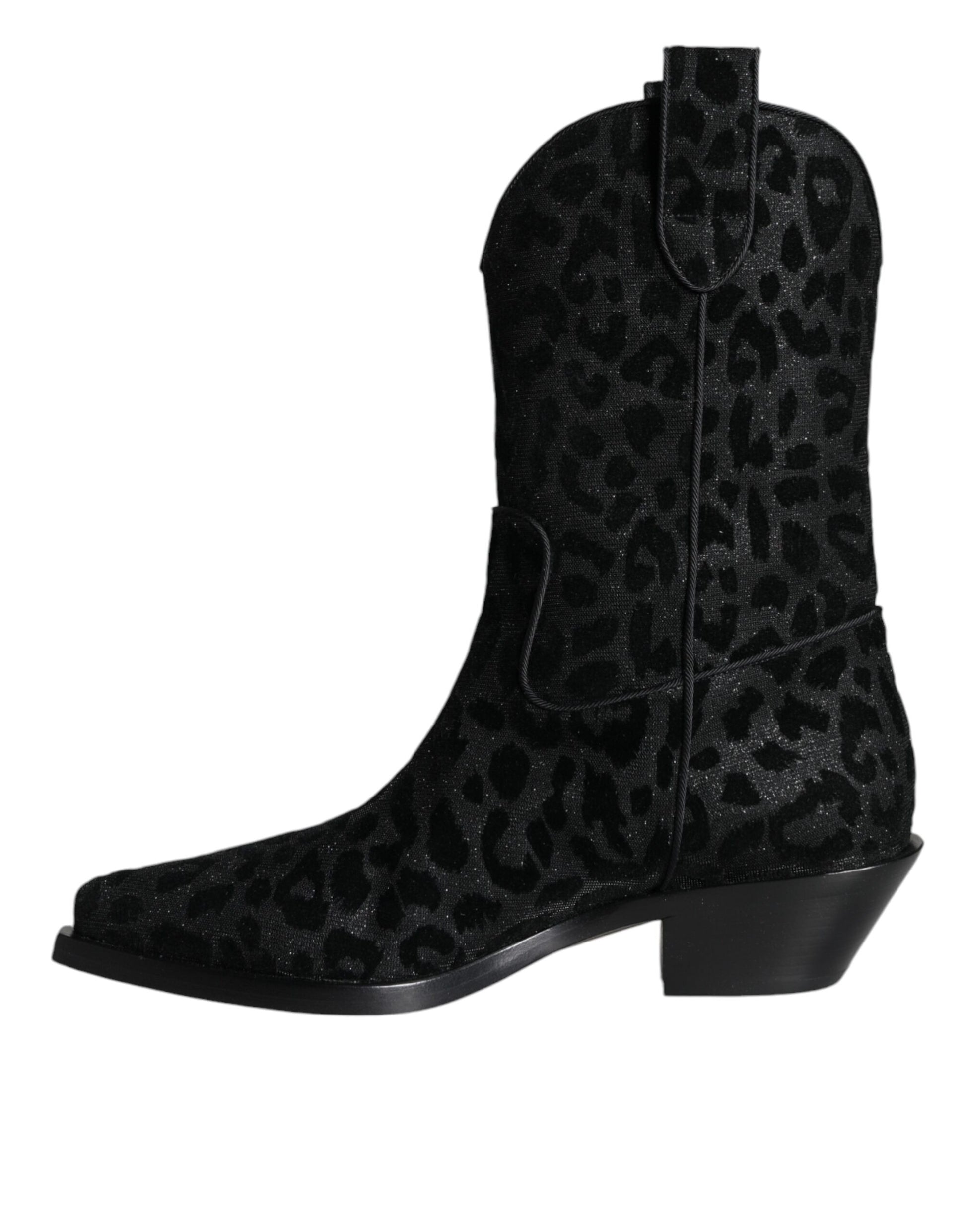 Black suede cowboy boot with embossed pattern