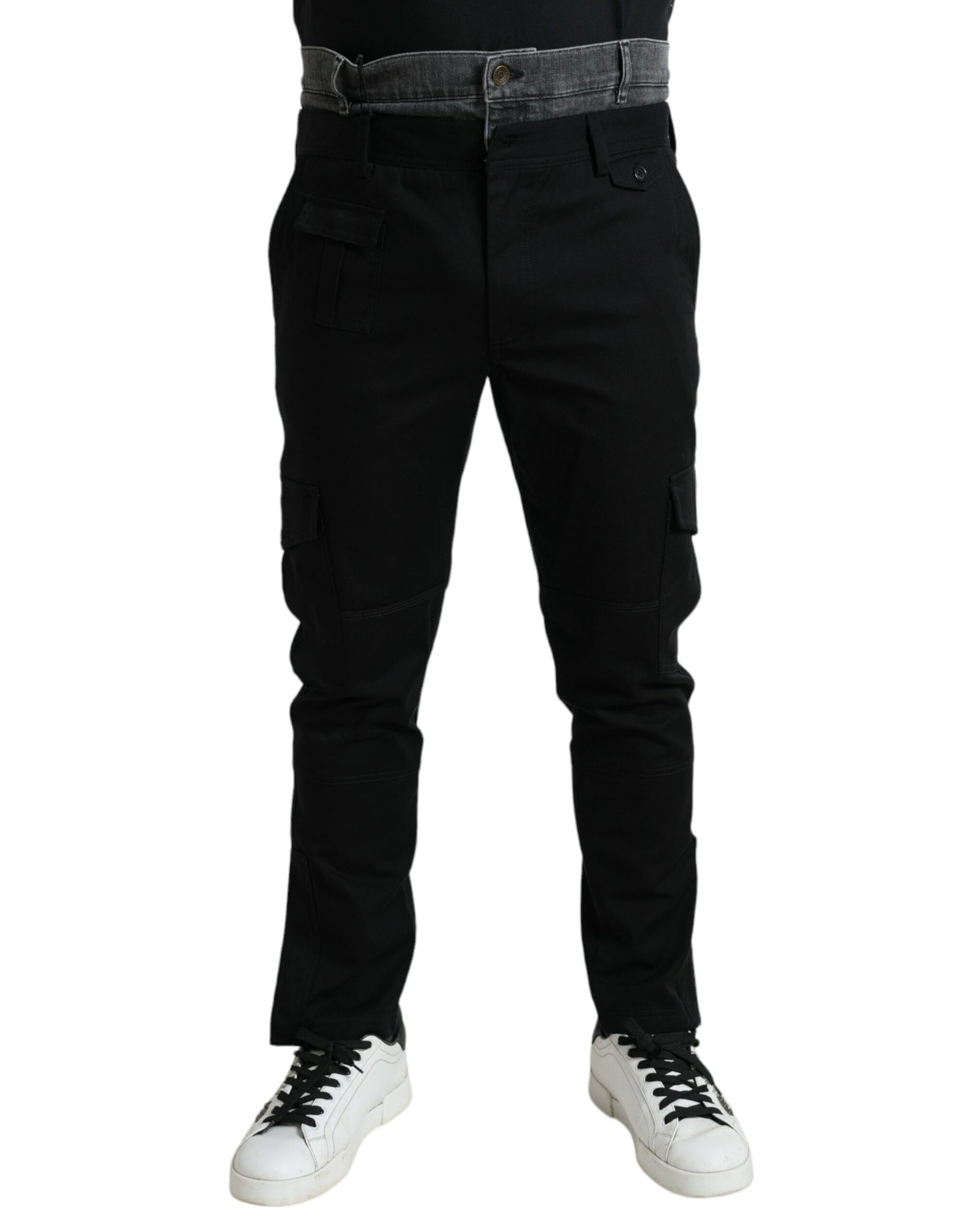 Pair of black cargo pants with pockets on sides