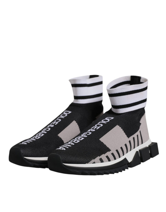 A pair of black, gray, and white women's sneakers with a patterned design