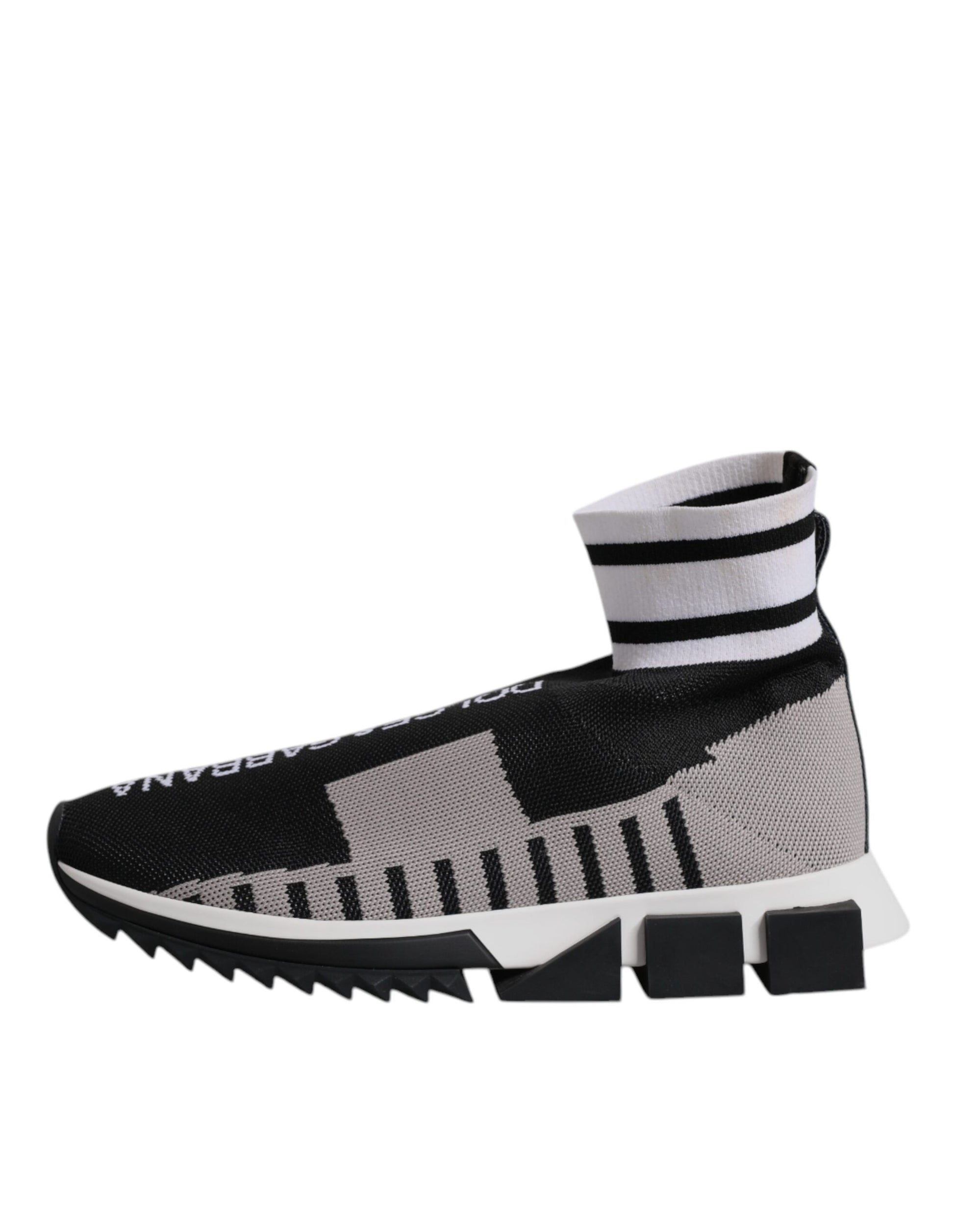A pair of women's sneakers with a black and gray patterned upper, featuring the brand name "Dolce & Gabbana" on the side. The