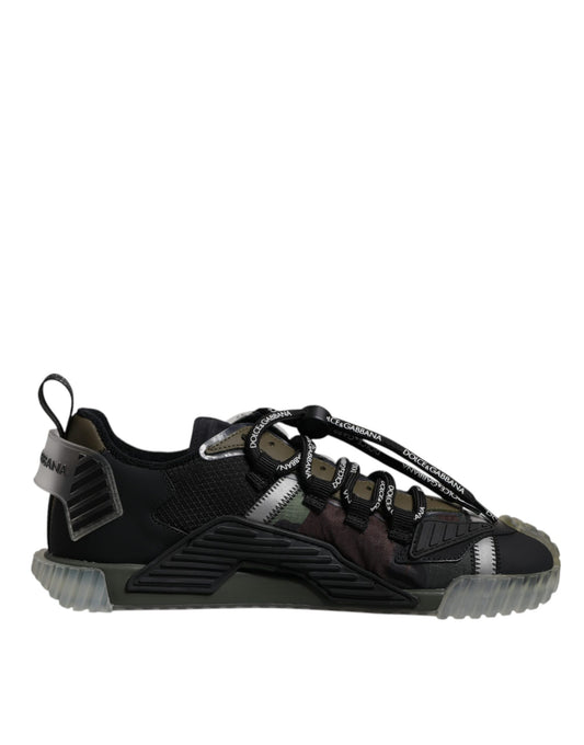 Black and white sneaker with laces and a patterned design on the side