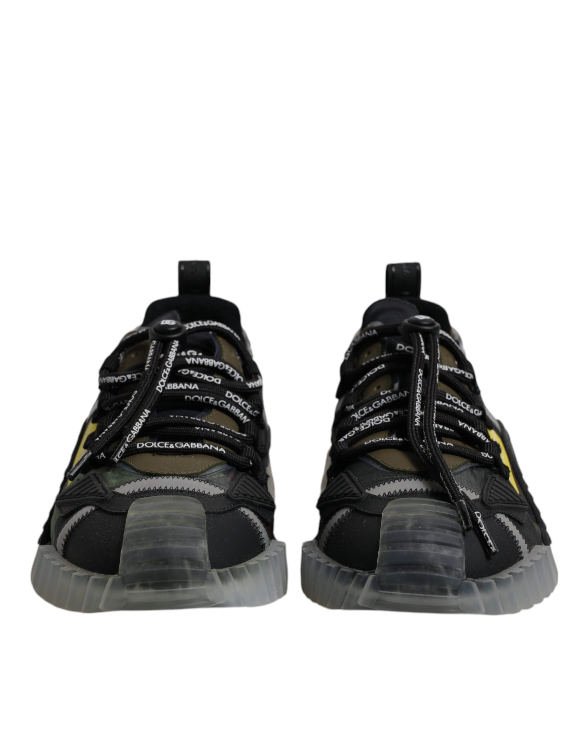 Pair of black sneakers with white laces