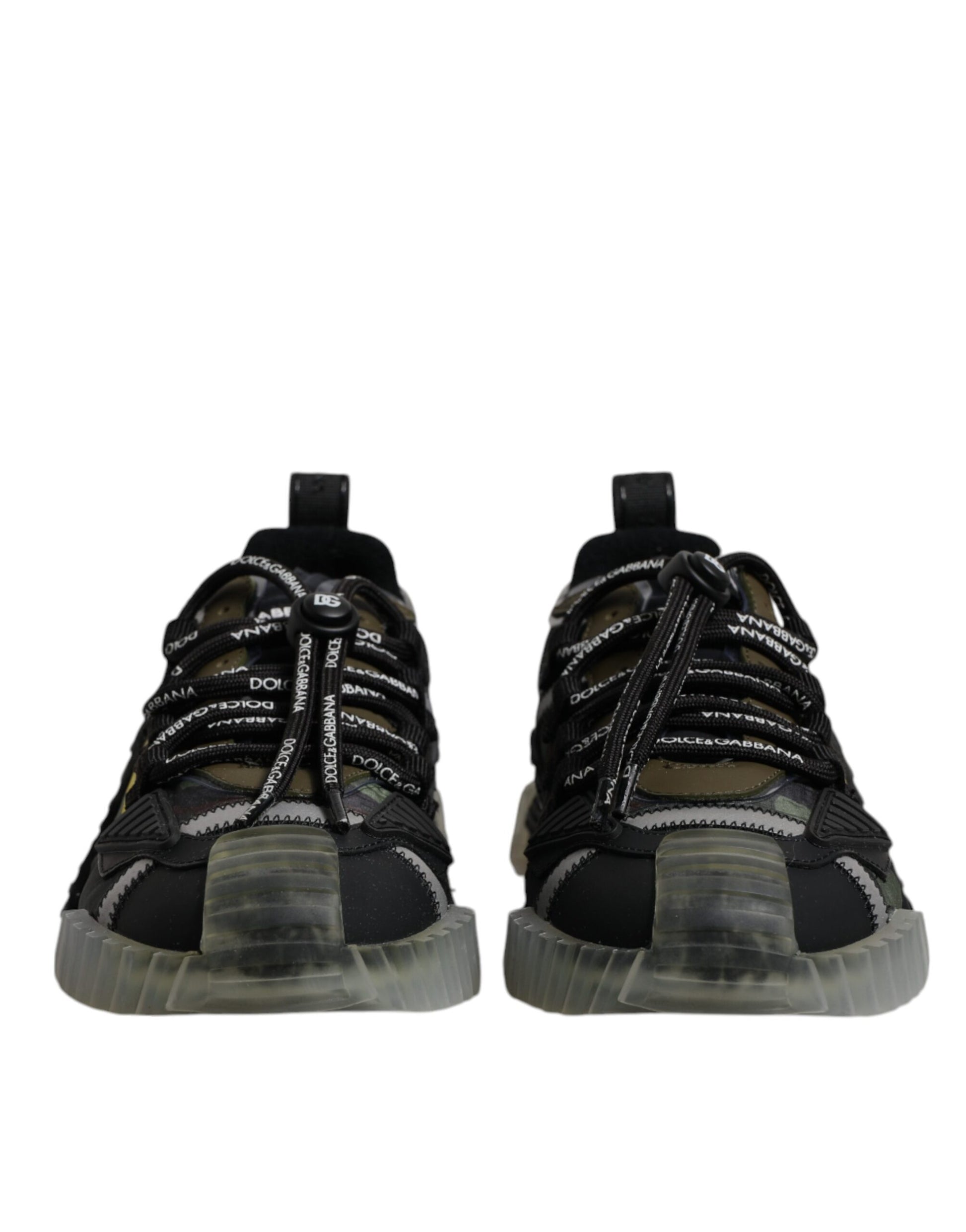 Pair of black and white sneakers with laces
