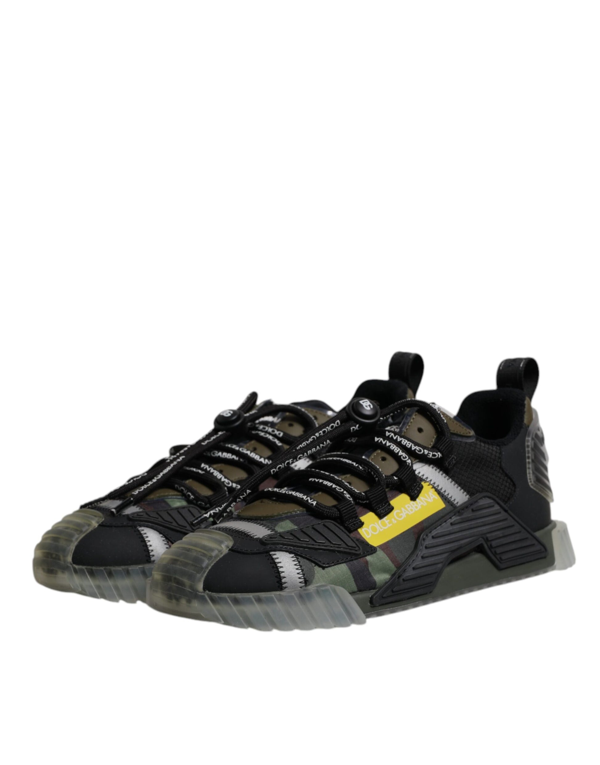 Black and white sneakers with yellow accents