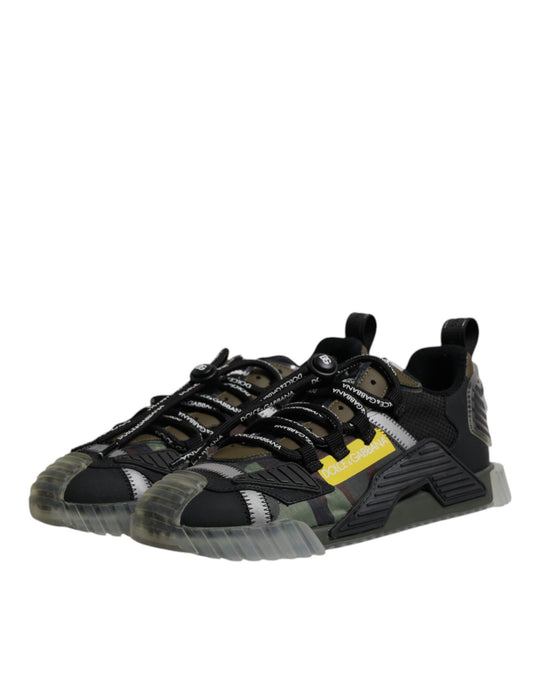 Black and white sneakers with yellow accents