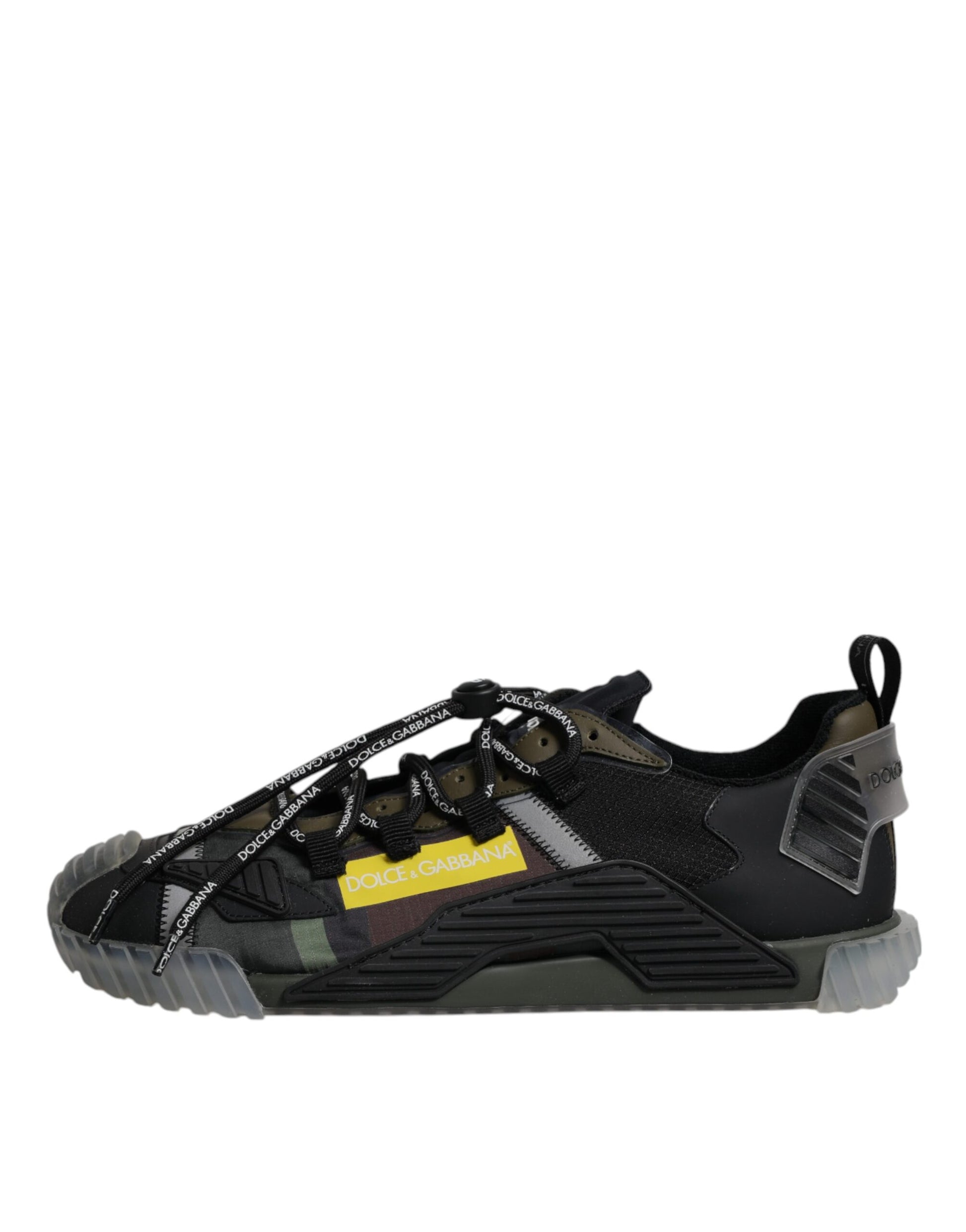 Black and white sneaker with yellow accents
