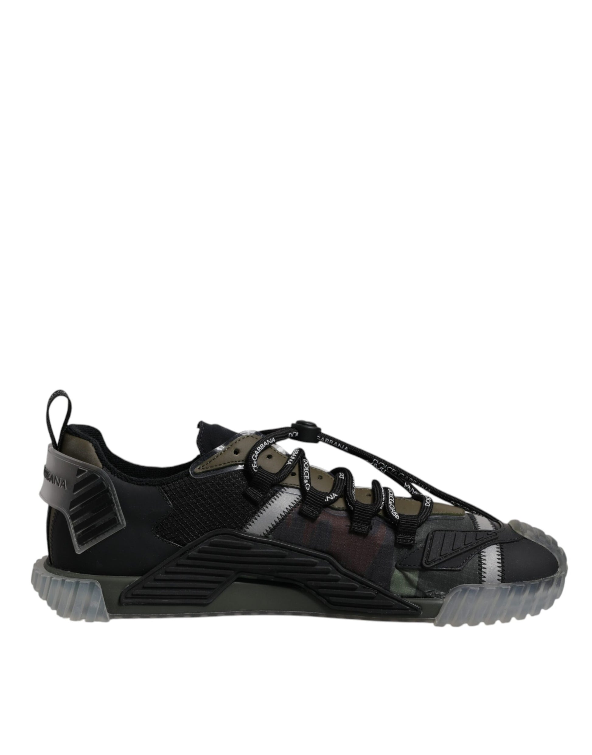 High top athletic shoe with laces, camouflage pattern, and thick sole