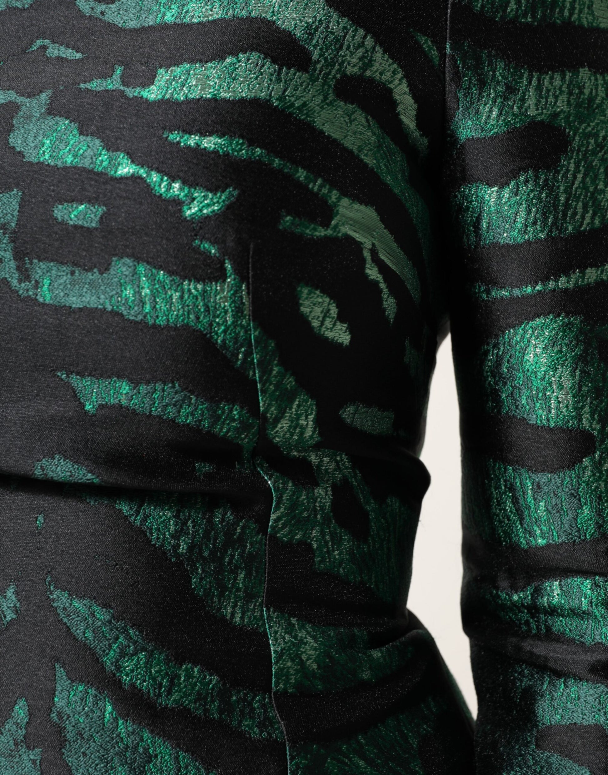 A black green metallic jacquard mini long dress with a zipper on the back
