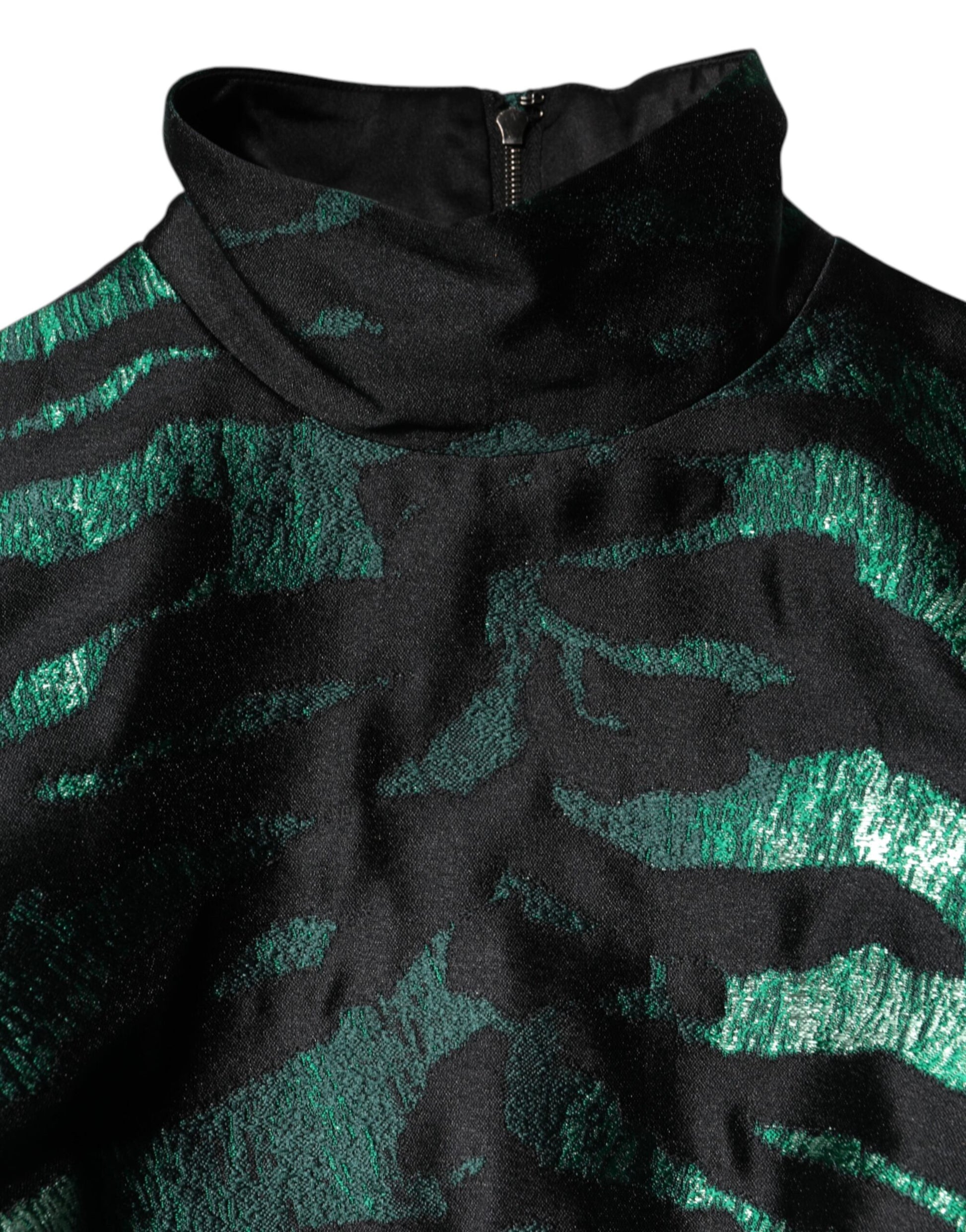 A black green metallic jacquard mini long dress with a zipper on the front