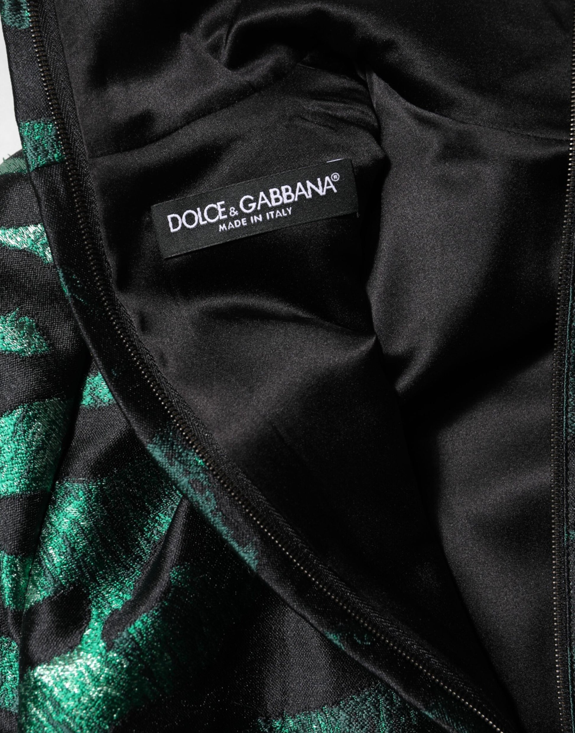 A black green metallic jacquard mini long dress with a visible brand label