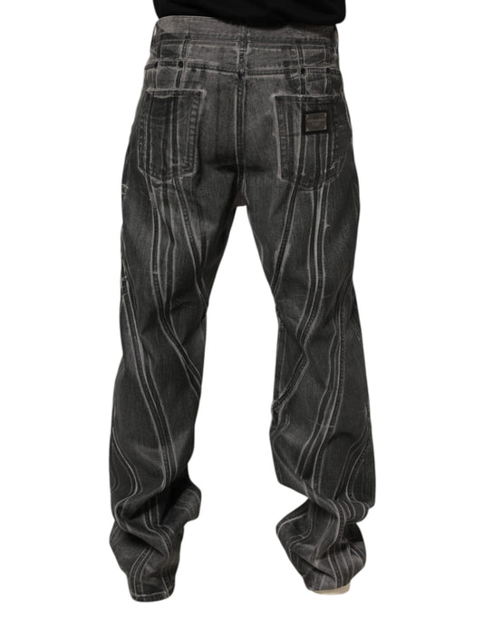 Pair of blue jeans with stitched design on legs