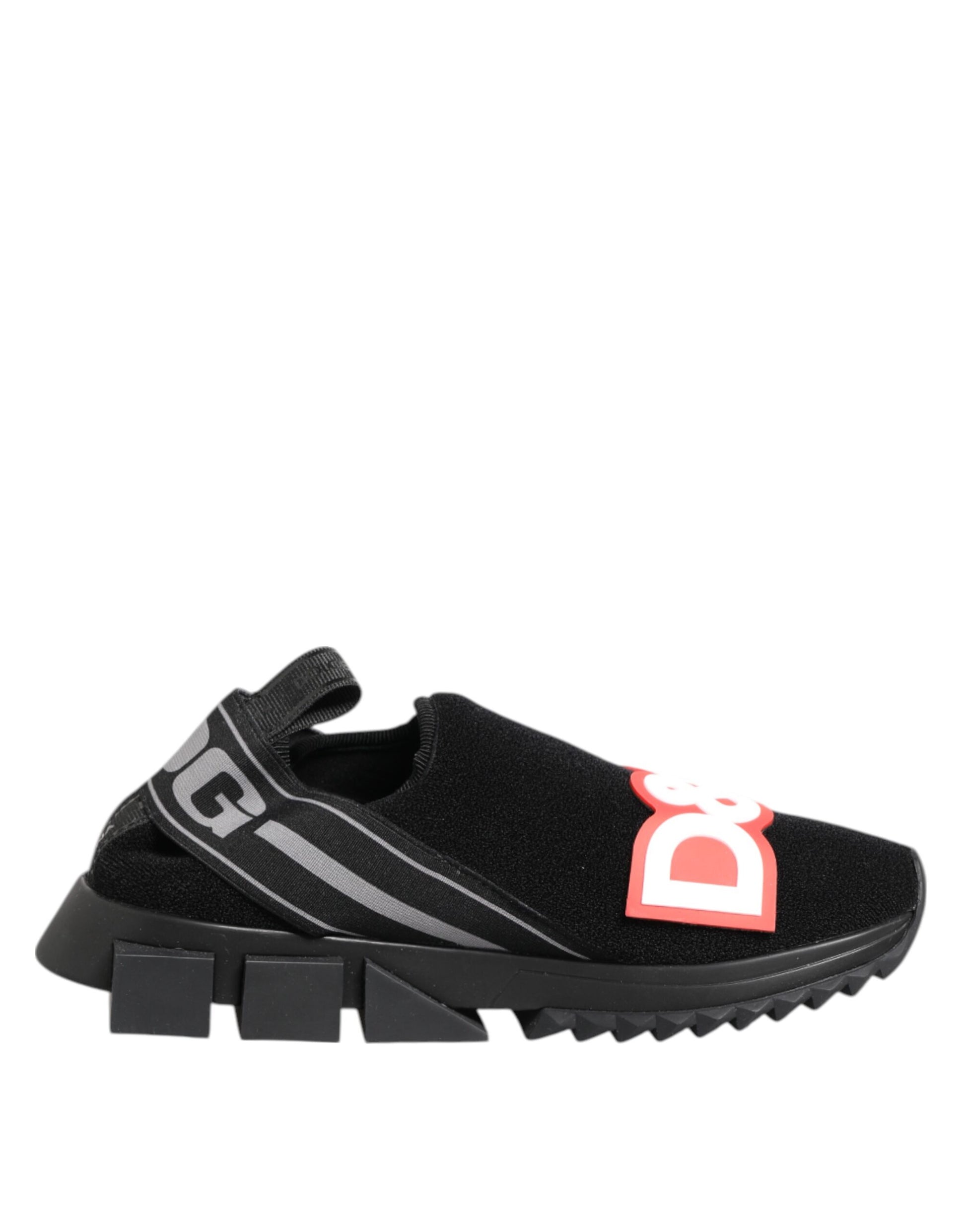 Black sneaker with red logo on side