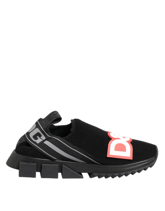 Black sneaker with red logo on side