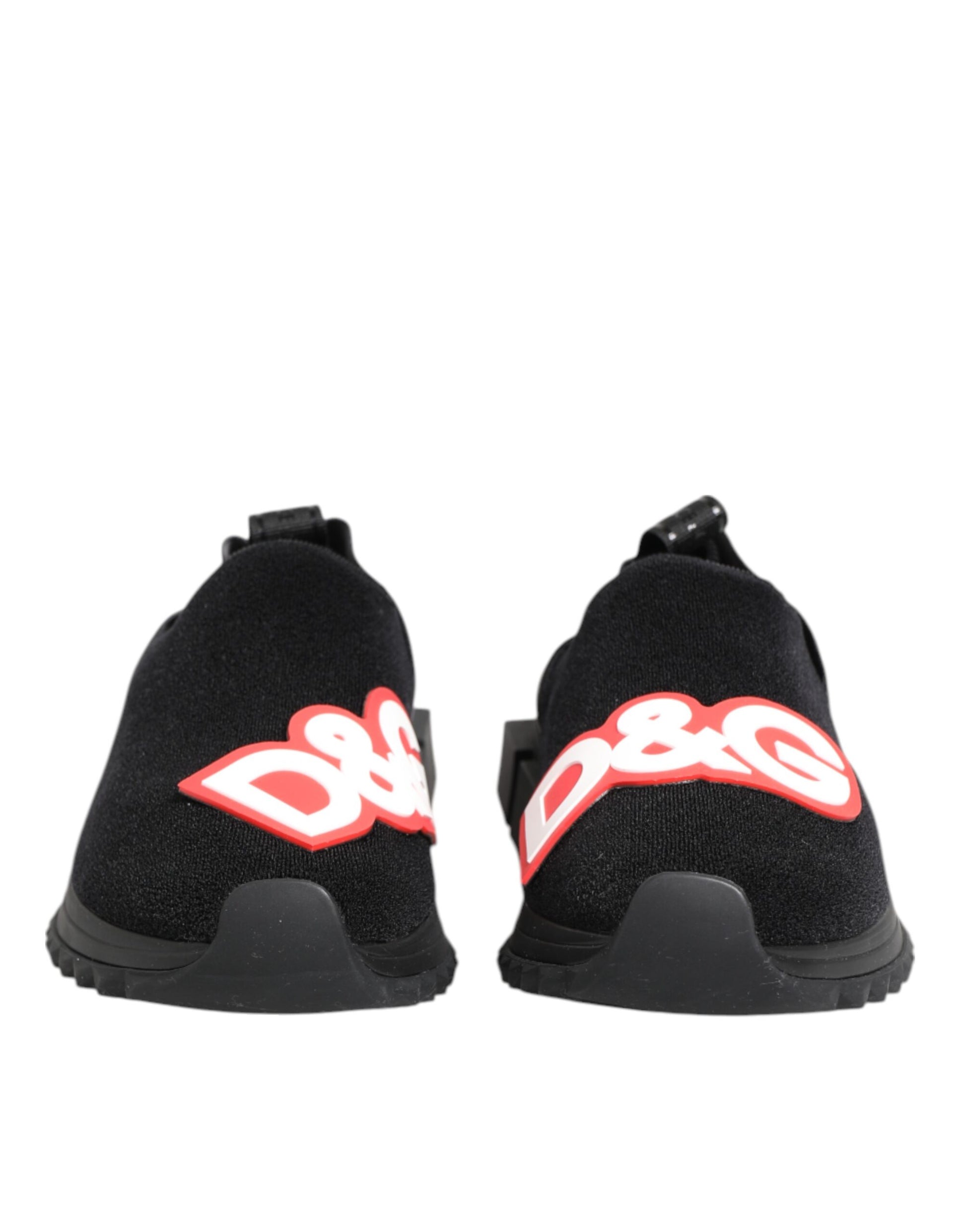 Pair of black sneakers with red logo on side