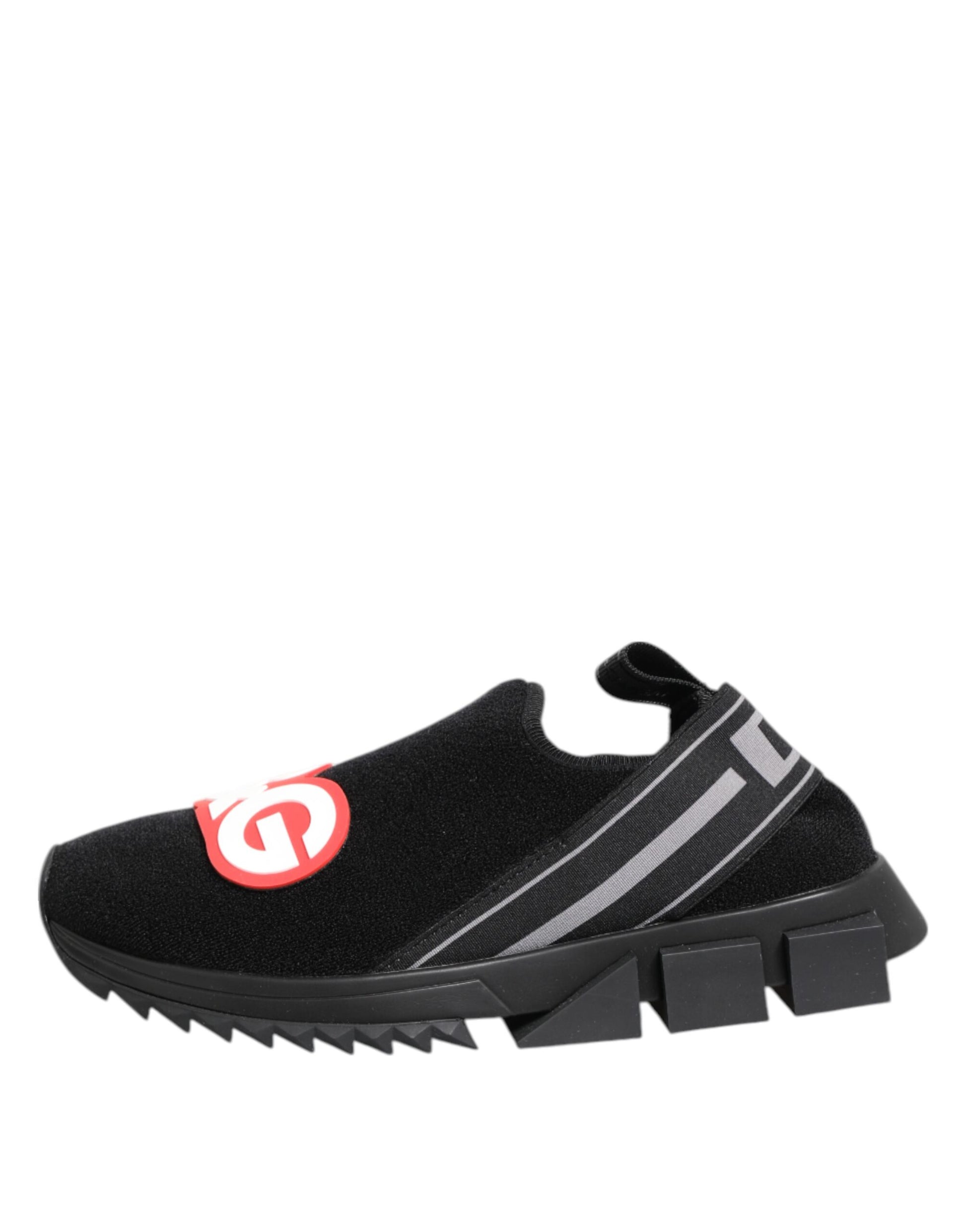 Black glittery sneaker with white sole and red logo