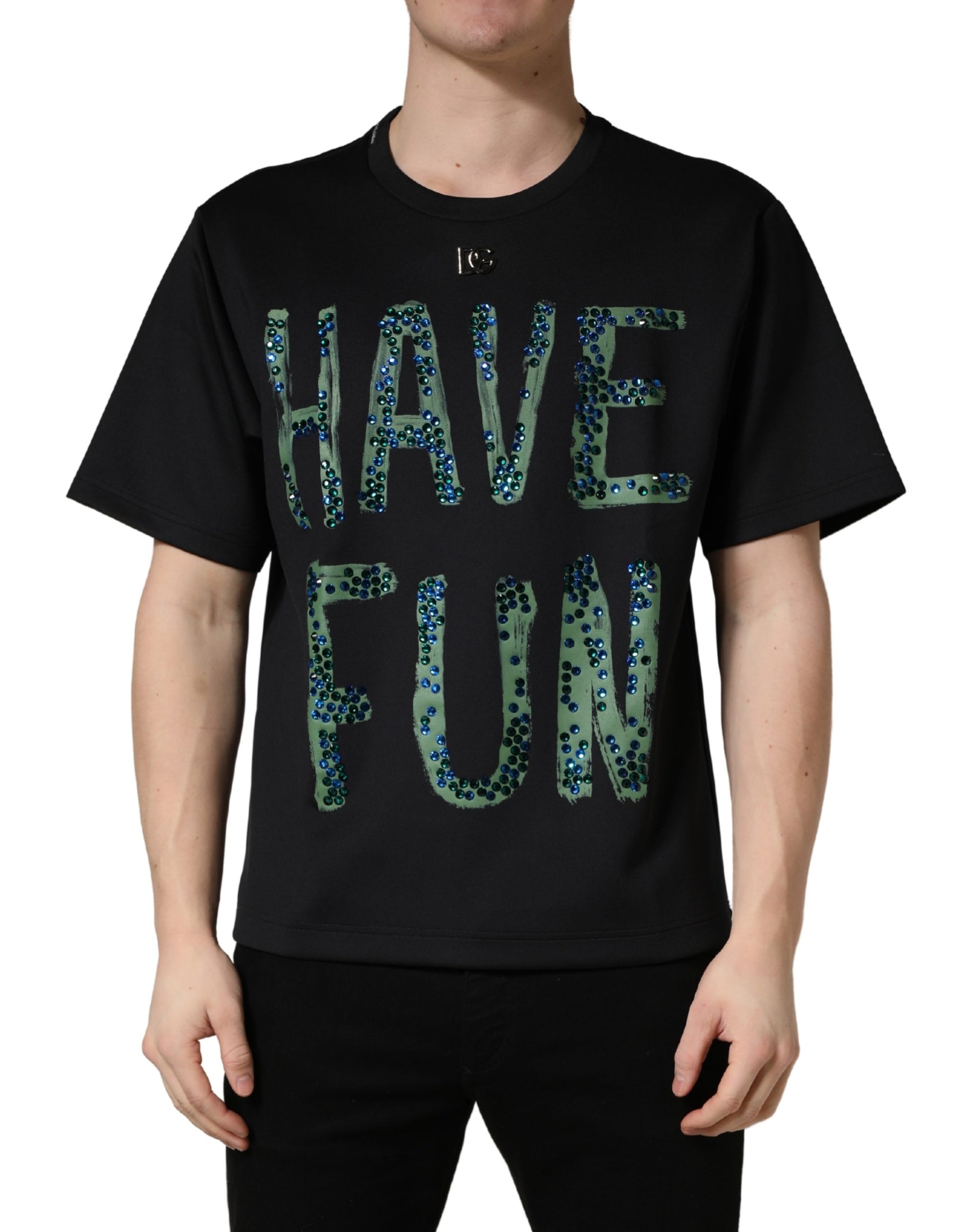 Black t-shirt with white lettering that says "have fun"