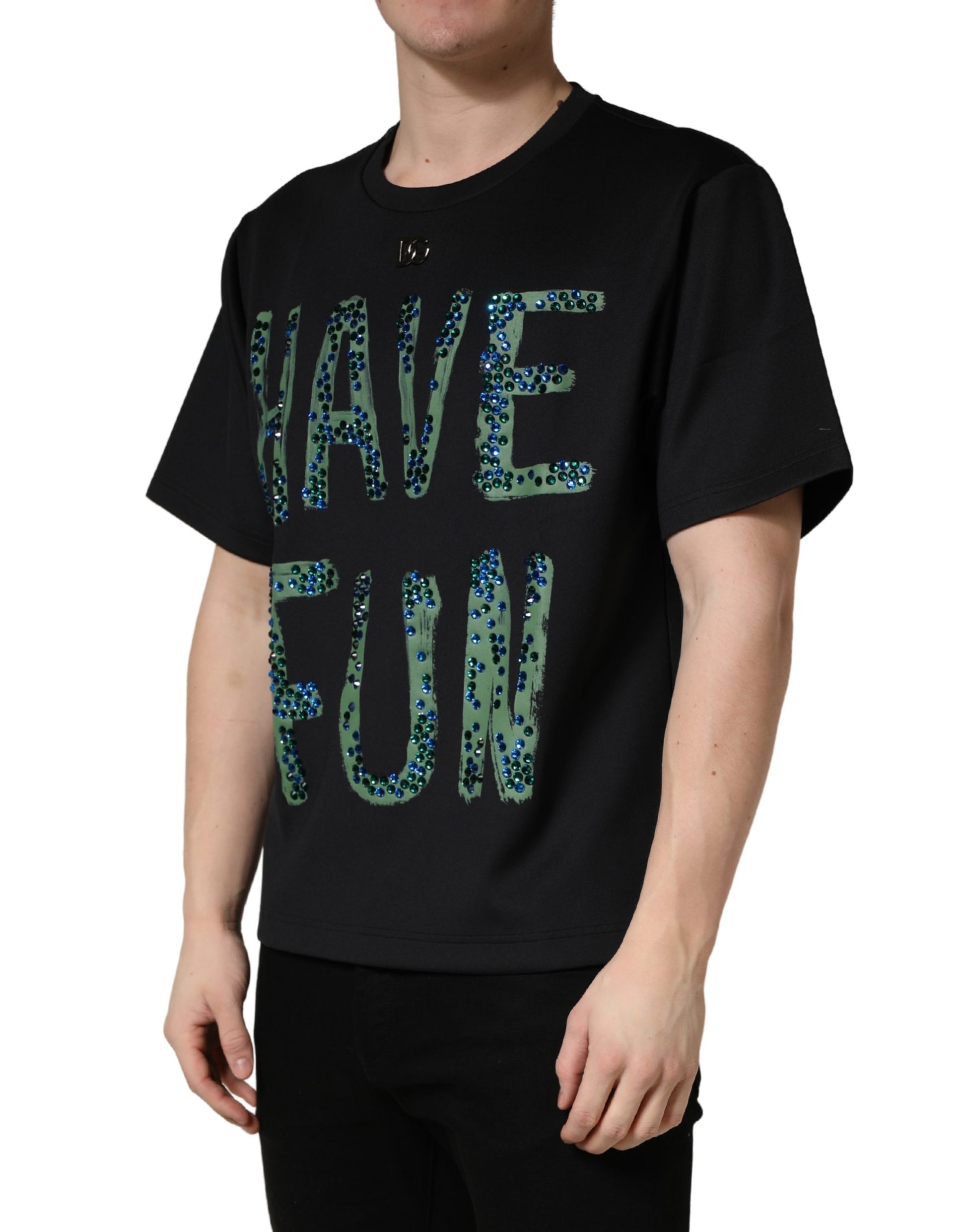 Black t-shirt with white lettering