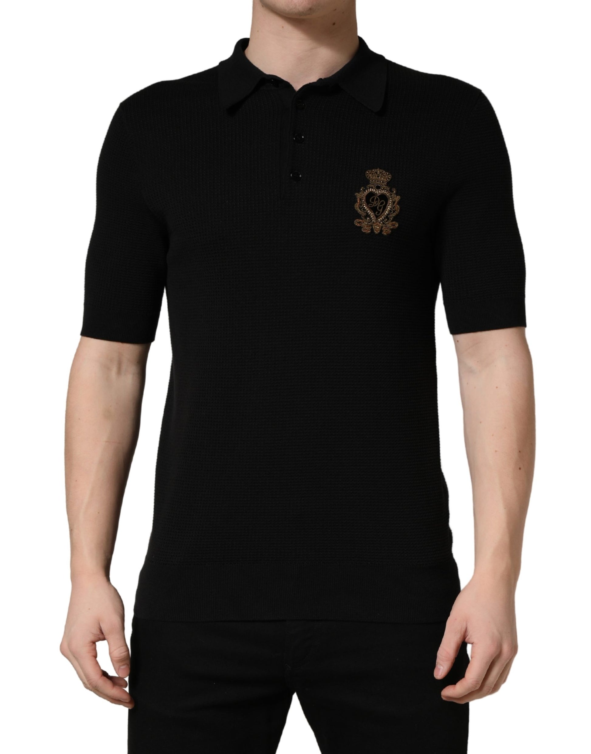 Black polo shirt with embroidered logo on left chest