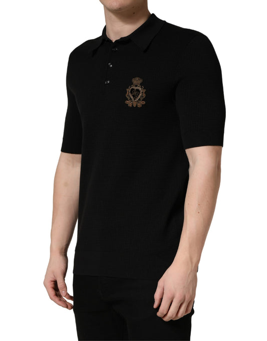 Black polo shirt with embroidered emblem on left chest