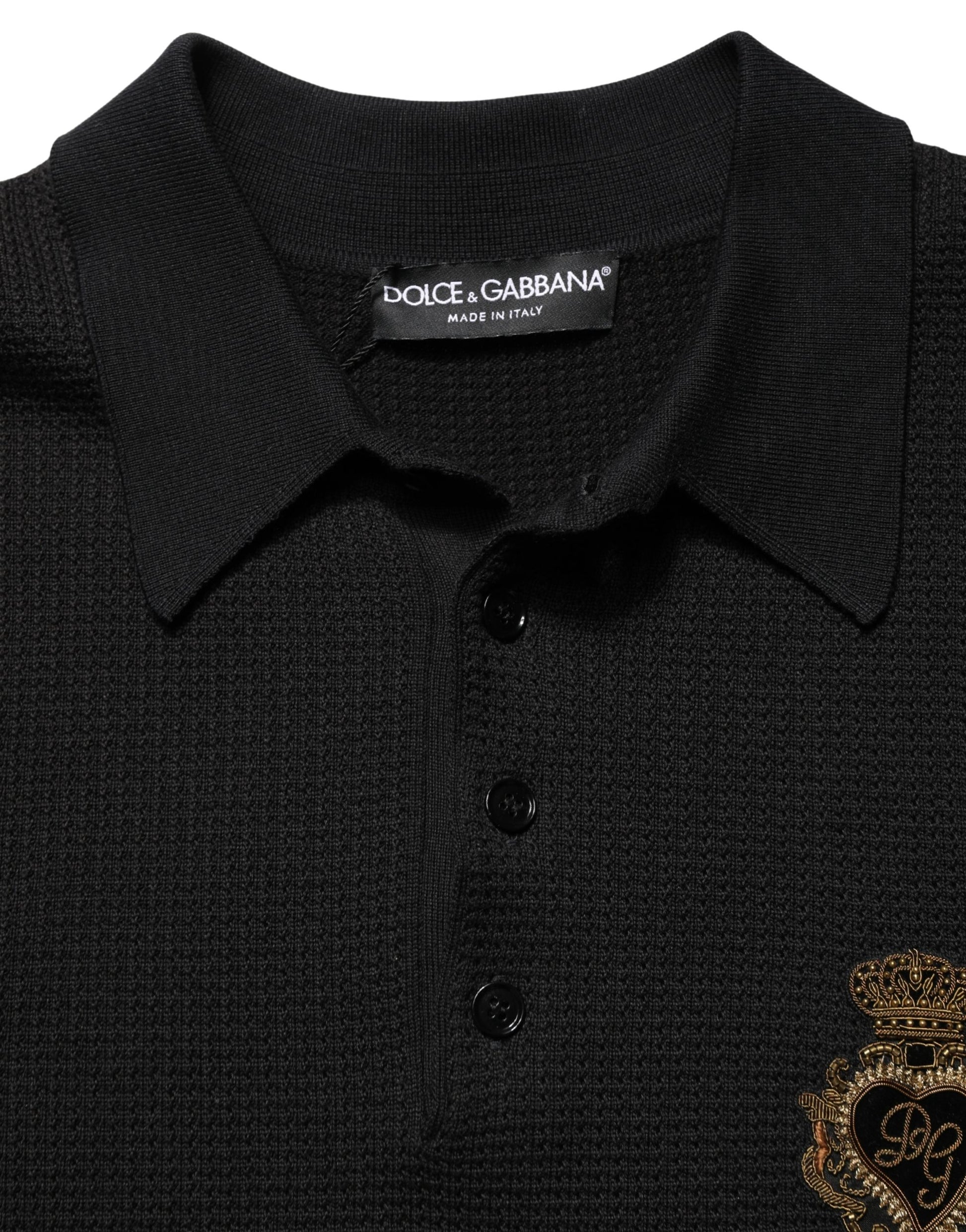 Black polo shirt with gold emblem on left chest