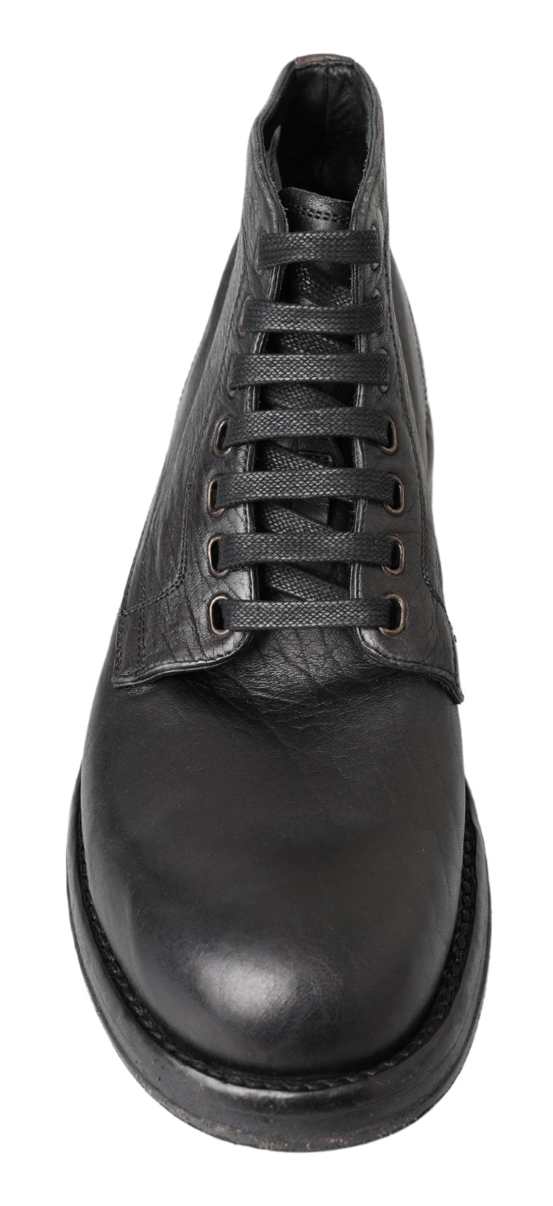 Black leather lace-up boot with stitched detailing and a low heel