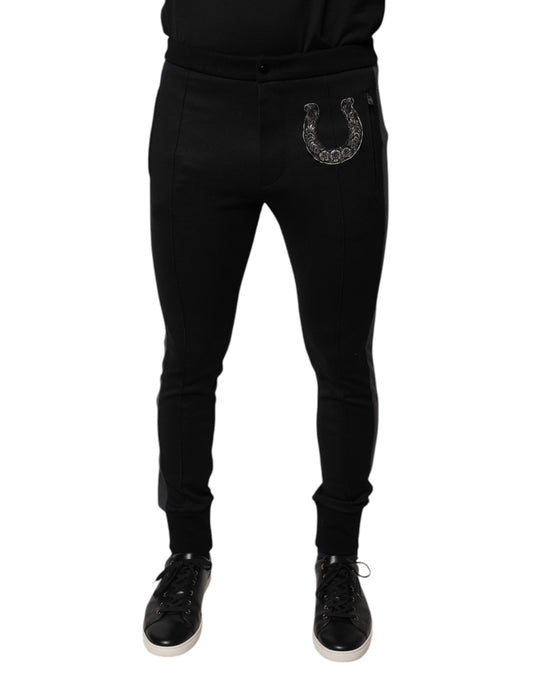 Black leggings with a white horse embroidery on left leg