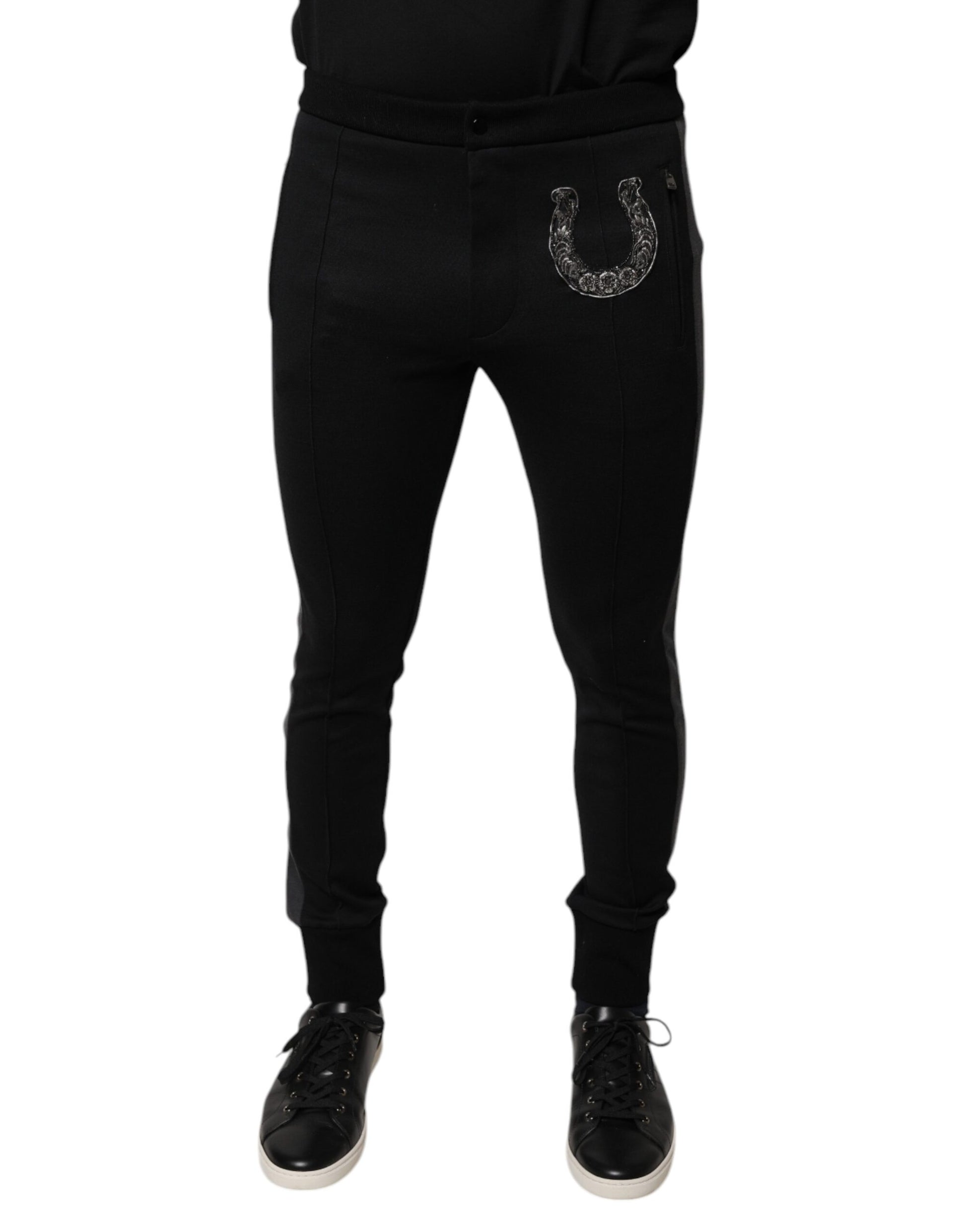 Black leggings with a white horse embroidery on left leg