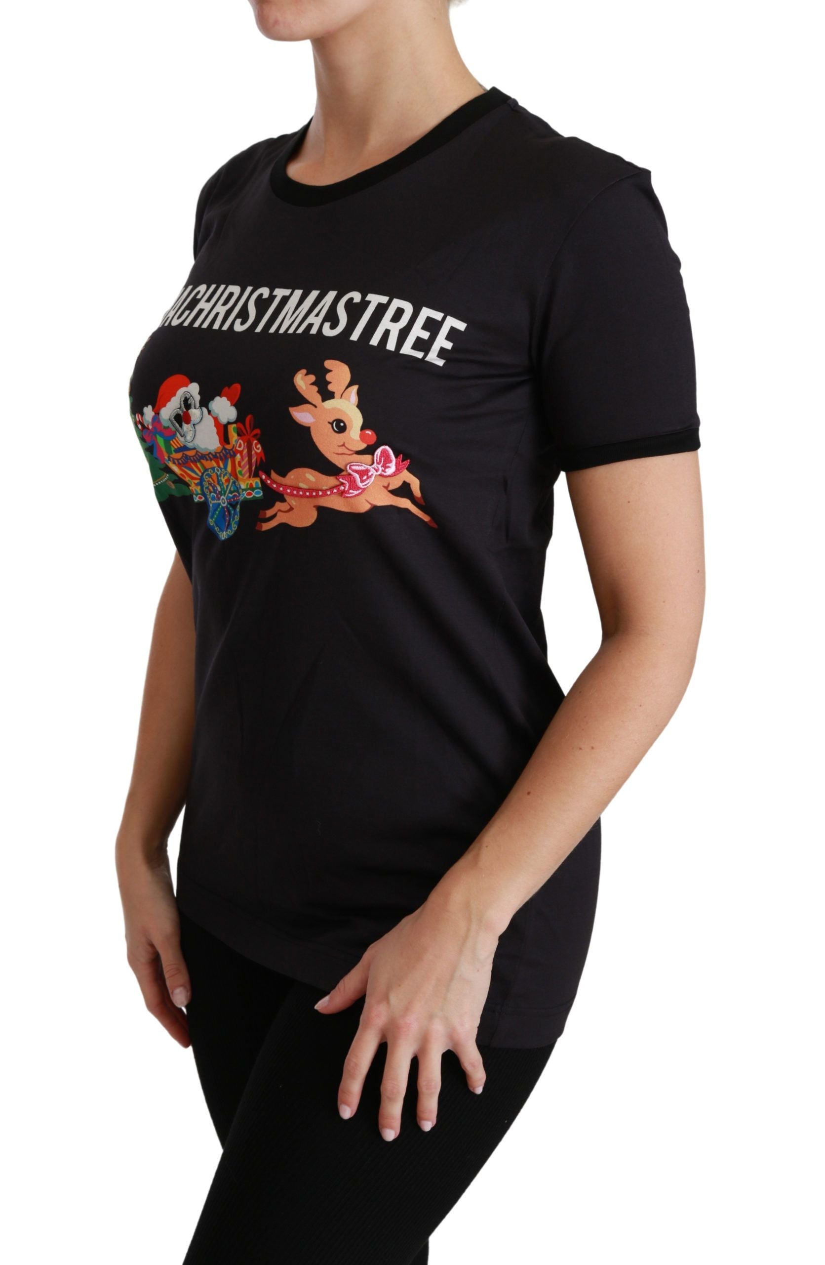 Black t-shirt with graphic design on front