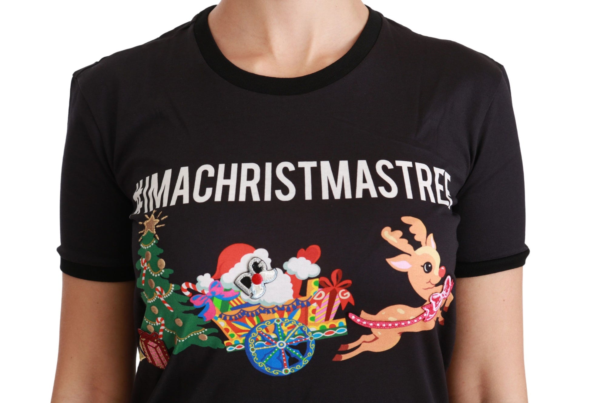 Black t-shirt with graphic design featuring a Christmas theme