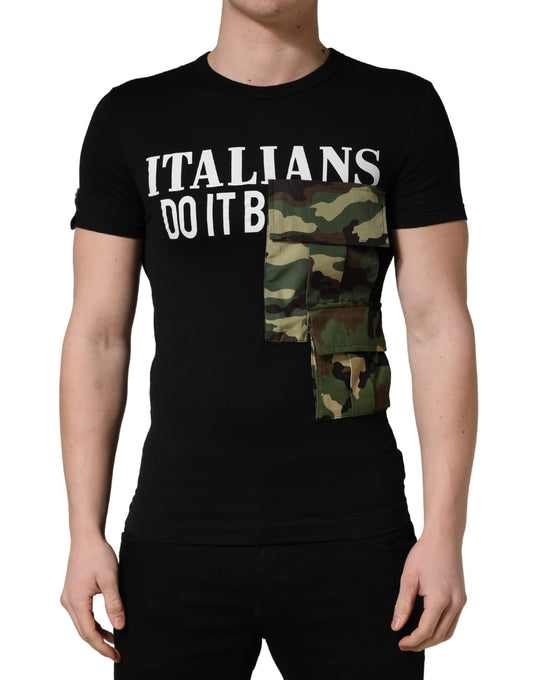 Black t-shirt with white lettering and camouflage patch on right shoulder