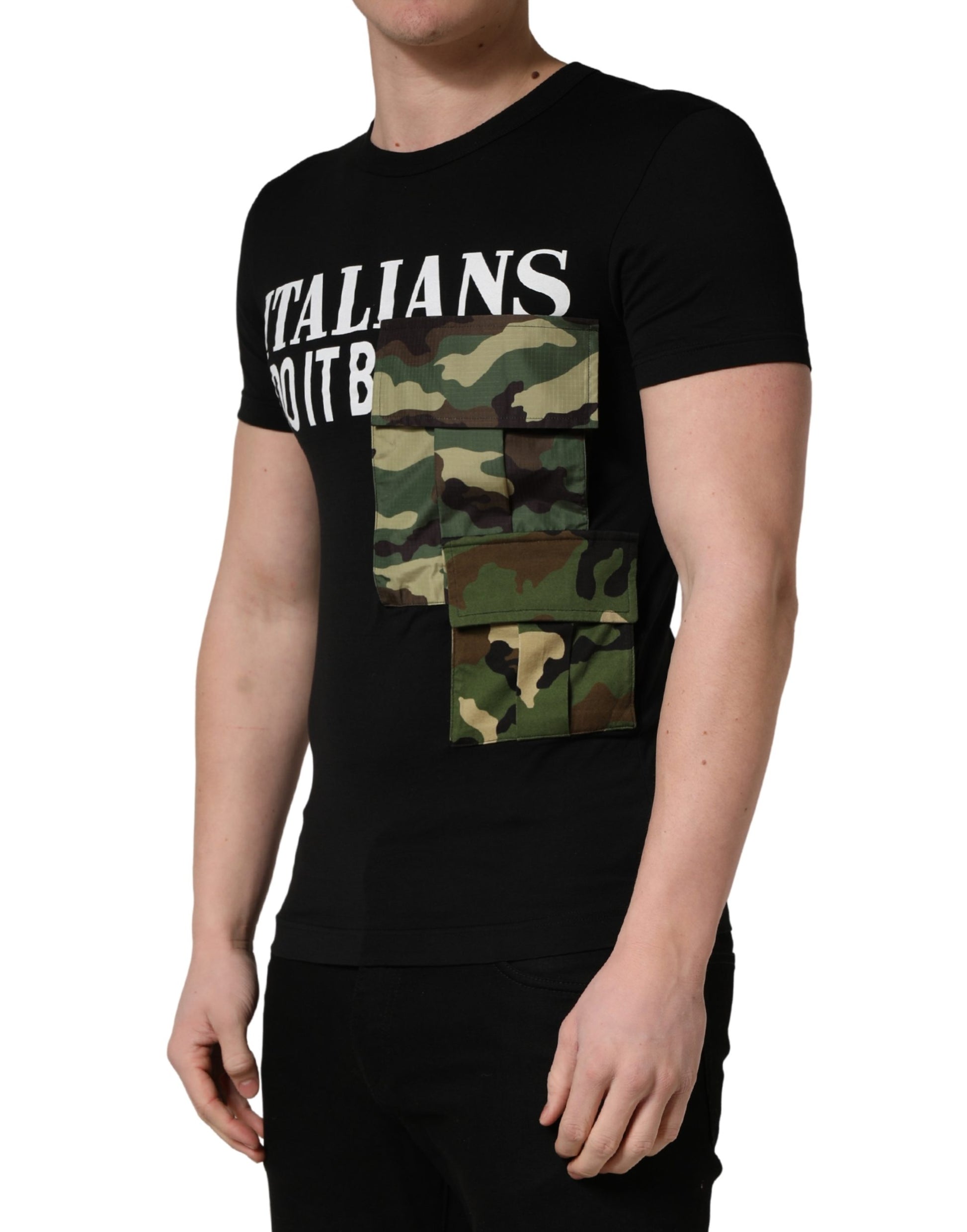 Black t-shirt with camouflage pattern on front