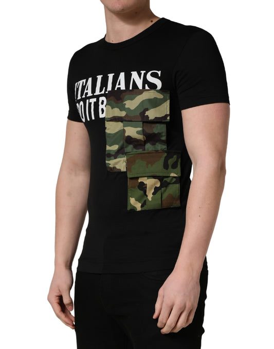 Black t-shirt with camouflage pattern on front