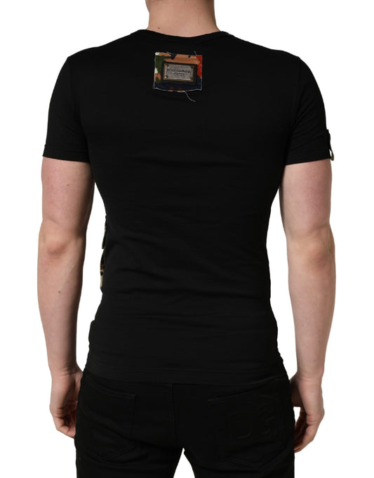 Black t-shirt with a small rectangular tag on the back