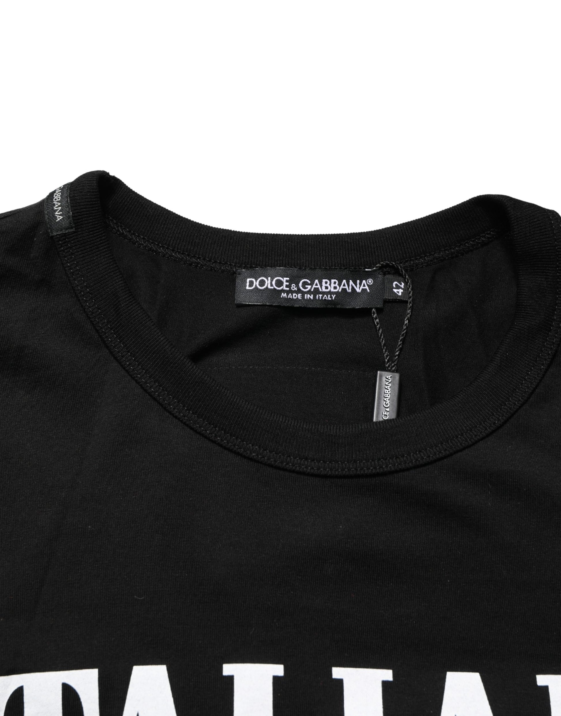 Black t-shirt with white lettering