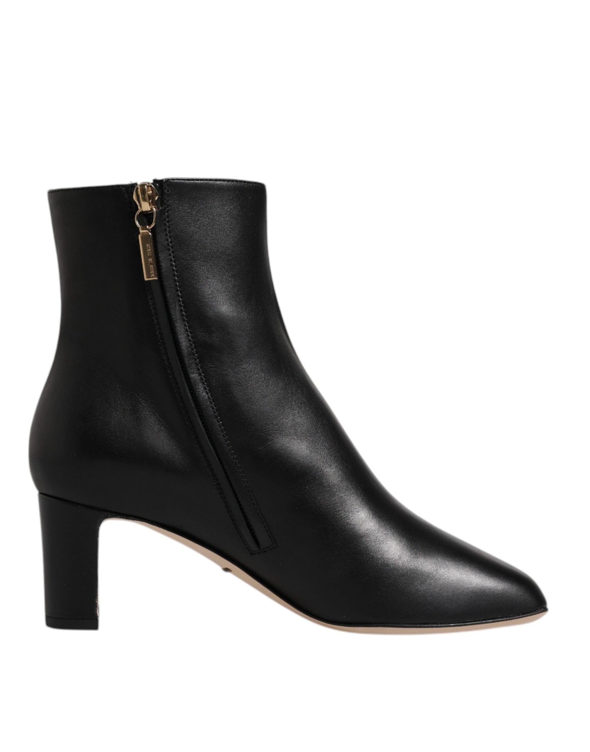 Black leather ankle boot with gold zipper pull