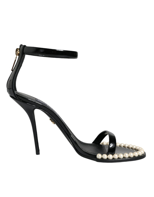 Black high heel shoe with pearl embellishments on toe