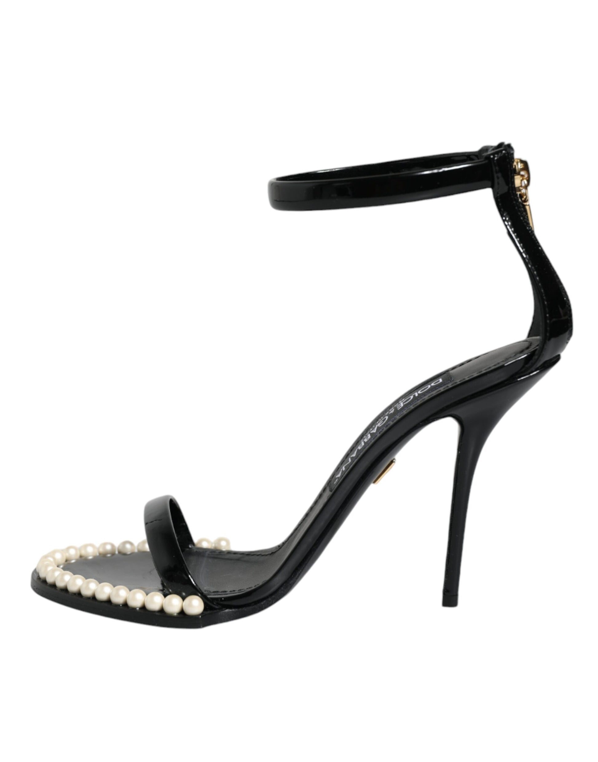 Black high heel sandal with pearl embellishments on straps