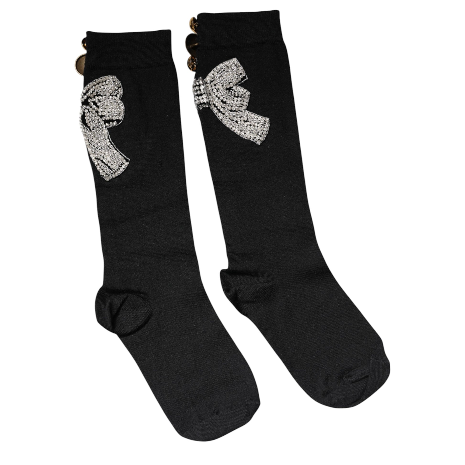 Pair of black socks with silver bow embellishment